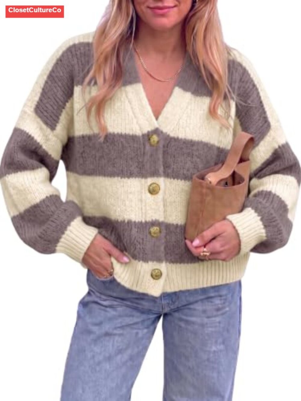 Striped Open Front Cardigan V Neck Button Down Knit Sweater